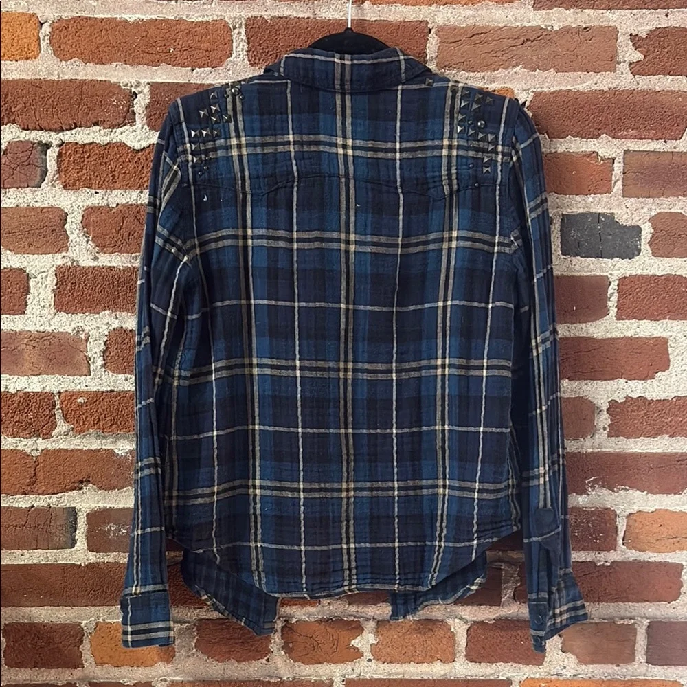 Free People Blue, Tan, White Embellished Button Down Plaid Shirt - Picture 6 of 8